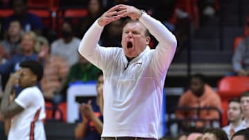 Feb 28, 2024; Champaign, Illinois, USA;  Illinois Fighting Illini head coach Brad Underwood reacts
