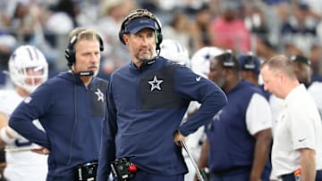 Oct 19, 2025; Arlington, Texas, USA; Dallas Cowboys head coach Brian Schottenheimer looks on during the third quarter of the game against the Washington Commanders at AT&T Stadium. Mandatory Credit: Kevin Jairaj-Imagn Images