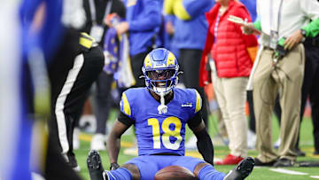 Jan 5, 2025; Inglewood, California, USA;   Los Angeles Rams Wide receiver Tyler Johnson (18)  smiles on his 1str down completion via sideline at SoFi Stadium for the Seattle Seahawks at Los Angeles Rams Week 18 matchup. Mandatory Credit: William Navarro-Imagn Images