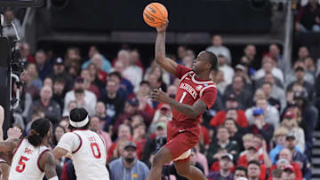 Mar 22, 2025; Providence, RI, USA; Arkansas Razorbacks guard Johnell Davis (1) passes against St. John's Red Storm guard Aaron Scott (0) during the first half of a second round men’s NCAA Tournament game at Amica Mutual Pavilion. Mandatory Credit: Gregory Fisher-Imagn Images
