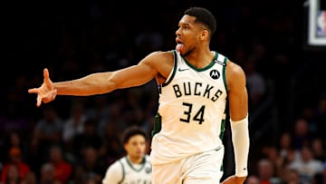 Milwaukee Bucks forward Giannis Antetokounmpo reacts after a play during the second quarter against the Phoenix Suns at Footprint Center on March 24.