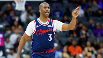 Oct 15, 2025; Sacramento, California, USA; Los Angeles Clippers guard Chris Paul (3) gestures towards a teammate during the third quarter against the Sacramento Kings at Golden 1 Center. Mandatory Credit: Sergio Estrada-Imagn Images