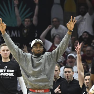 May 13, 2024; Cleveland, Ohio, USA; Cleveland Cavaliers guard Donovan Mitchell (45) reacts near the bench against the Boston Celtics in the second quarter of game four of the second round for the 2024 NBA playoffs at Rocket Mortgage FieldHouse. Mandatory Credit: David Richard-USA TODAY Sports
