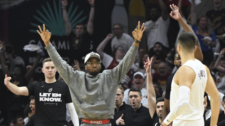 May 13, 2024; Cleveland, Ohio, USA; Cleveland Cavaliers guard Donovan Mitchell (45) reacts near the bench against the Boston Celtics in the second quarter of game four of the second round for the 2024 NBA playoffs at Rocket Mortgage FieldHouse. Mandatory Credit: David Richard-USA TODAY Sports