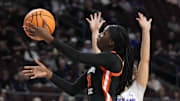 March 11, 2025; Las Vegas, NV, USA; Oregon State Beavers guard Catarina Ferreira (30) shoots the basketball against the Portland Pilots during the first half in the final of the West Coast Conference tournament at Orleans Arena. Mandatory Credit: Kyle Terada-Imagn Images