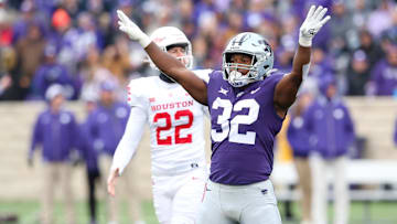Oct 28, 2023; Manhattan, Kansas, USA; Kansas State Wildcats linebacker Desmond Purnell (32) celebrates a missed field goal by the Houston Cougars during the second quarter at Bill Snyder Family Football Stadium. Mandatory Credit: Scott Sewell-USA TODAY Sports
