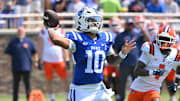 Sep 6, 2025; Durham, North Carolina, USA;  Duke Blue Devils quarterback Darian Mensah (10) throws a pass during the first quarter against the Illinois Fighting Illini at Wallace Wade Stadium. Mandatory Credit: Zachary Taft-Imagn Images