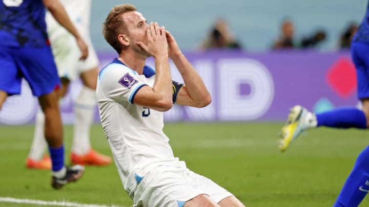 Nov 25, 2022; Al Khor, Qatar; England forward Harry Kane (9) reacts after missing a header for a shot off of a corner kick against the United States of America during the second half of a group stage match during the 2022 World Cup at Al Bayt Stadium. Mandatory Credit: Yukihito Taguchi-USA TODAY Sports