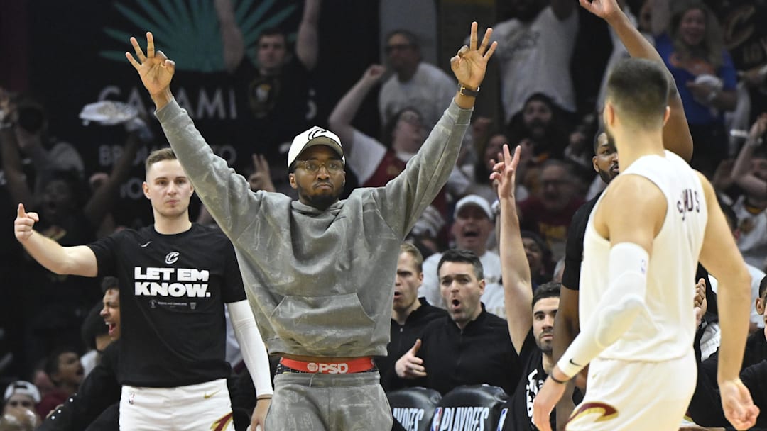 May 13, 2024; Cleveland, Ohio, USA; Cleveland Cavaliers guard Donovan Mitchell (45) reacts near the bench against the Boston Celtics in the second quarter of game four of the second round for the 2024 NBA playoffs at Rocket Mortgage FieldHouse.