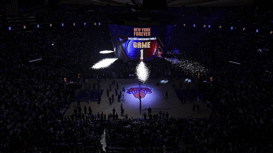 General view of the video board and pyrotechnics at Madison Square Garden during the Eastern Conference finals.