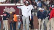 Nov 28, 2025; Starkville, Mississippi, USA; Mississippi Rebels head coach Lane Kiffin looks on in the second half against the Mississippi State Bulldogs at Davis Wade Stadium at Scott Field. Mandatory Credit: Petre Thomas-Imagn Images