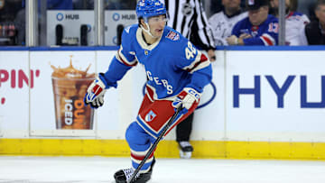 Oct 7, 2025; New York, New York, USA; New York Rangers center Noah Laba (42) skates against the Pittsburgh Penguins during the first period at Madison Square Garden. Mandatory Credit: Brad Penner-Imagn Images