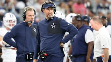 Oct 19, 2025; Arlington, Texas, USA; Dallas Cowboys head coach Brian Schottenheimer looks on during the third quarter of the game against the Washington Commanders at AT&T Stadium.
