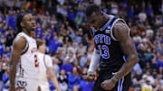Mar 22, 2025; Denver, CO, USA; Brigham Young Cougars center Keba Keita (13) reacts against the Wisconsin Badgers during the second half in the second round of the NCAA Tournament  at Ball Arena. Mandatory Credit: Isaiah J. Downing-Imagn Images