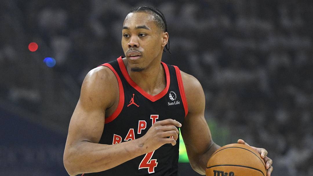 Apr 29, 2026; Cleveland, Ohio, USA; Toronto Raptors forward Scottie Barnes (4) brings the ball up court against the Cleveland Cavaliers in the first quarter of game five of the first round of the 2026 NBA Playoffs at Rocket Arena. Mandatory Credit: David Richard-Imagn Images