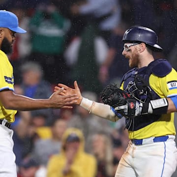 Sep 7, 2024; Boston, Massachusetts, USA; Boston Red Sox relief pitcher Kenley Jansen (74) and Boston Red Sox catcher Danny Jansen (28) celebrate after defeating the Chicago White Sox at Fenway Park. Mandatory Credit: Paul Rutherford-Imagn Images