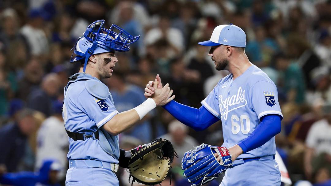 May 2, 2026; Seattle, Washington, USA; Kansas City Royals pitcher Lucas Erceg (60) shakes hands with catcher Carter Jensen (22) following a victory against the Seattle Mariners at T-Mobile Park. Mandatory Credit: Joe Nicholson-Imagn Images May 2, 2026; Seattle, Washington, USA; Kansas City Royals pitcher Lucas Erceg (60) shakes hands with catcher Carter Jensen (22) following a victory against the Seattle Mariners at T-Mobile Park. Mandatory Credit: Joe Nicholson-Imagn Images