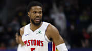 Feb 3, 2025; Detroit, Michigan, USA;  Detroit Pistons guard Malik Beasley (5) reacts in the second half against the Atlanta Hawks at Little Caesars Arena. Mandatory Credit: Rick Osentoski-Imagn Images