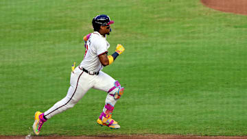 Jul 15, 2025; Cumberland, Georgia, USA; National League outfielder Ronald Acuna Jr. (13) of the Atlanta Braves runs to first base during the first inning during the 2025 MLB All Star Game at Truist Park. Mandatory Credit: Jordan Godfree-Imagn Images