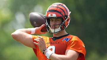 Jun 10, 2025; Cincinnati, OH, USA; Cincinnati Bengals quarterback Joe Burrow (9) during practice at Paycor Stadium. Mandatory Credit: Kareem Elgazzar-Imagn Images