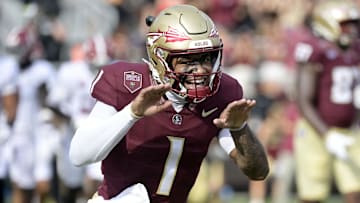 Aug 30, 2025; Tallahassee, Florida, USA; Florida State Seminoles quarterback Tommy Castellanos (1) celebrates after a touchdown against the Alabama Crimson Tide during the second half at Doak S. Campbell Stadium. Mandatory Credit: Melina Myers-Imagn Images