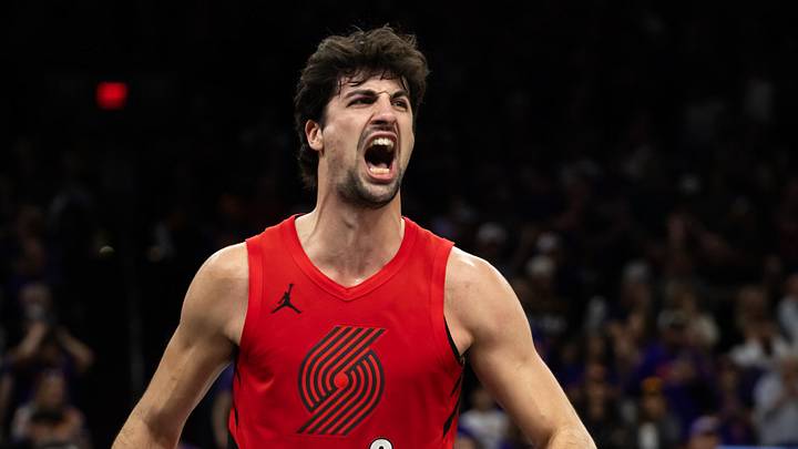 Apr 14, 2026; Phoenix, Arizona, USA; Portland Trail Blazers forward Deni Avdija (8) celebrates against the Phoenix Suns in the second half during the play-in rounds of the 2026 NBA Playoffs at Mortgage Matchup Center. Mandatory Credit: Mark J. Rebilas-Imagn Images