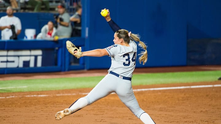 Jun 3, 2022; Oklahoma City, Oklahoma, USA;  Arizona Wildcats pitcher Devyn Netz (34) throws a pitch during the third inning of the NCAA Women's College World Series game against the Oregon State Beavers at USA Softball Hall of Fame Stadium. Arizona won 3-1. Mandatory Credit: Brett Rojo-Imagn Images