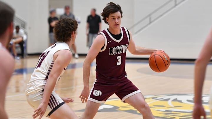Bowie's Boston Farris dribbles the ball during the Maskat Shrine annual Oil Bowl boys basketball game at Legacy High School on Friday, June 6, 2025. Bowie's Boston Farris dribbles the ball during the Maskat Shrine annual Oil Bowl boys basketball game at Legacy High School on Friday, June 6, 2025.