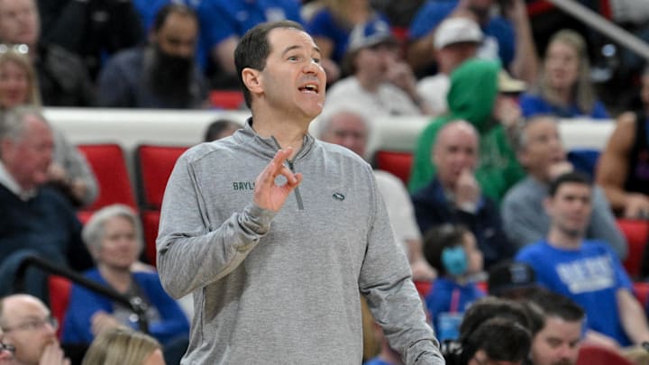 Baylor Bears head coach Scott Drew reacts during the second half against the Mississippi State Bulldogs in the first round of the NCAA Tournament at Lenovo Center