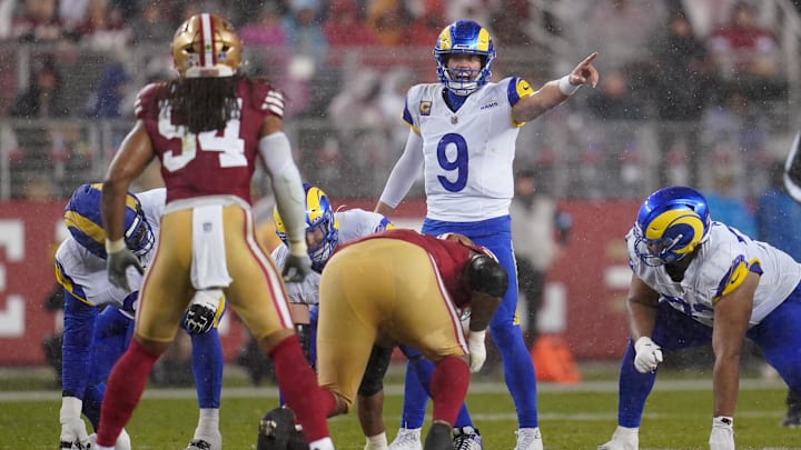 Rams quarterback Matthew Stafford directs teammates before a play against in the second quarter at Levi's Stadium. Rams quarterback Matthew Stafford directs teammates before a play against in the second quarter at Levi's Stadium.