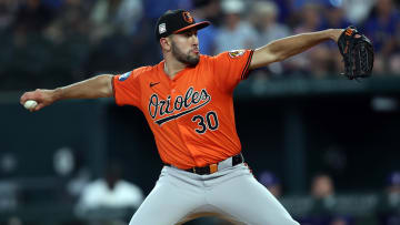 Jul 20, 2024; Arlington, Texas, USA; Baltimore Orioles pitcher Grayson Rodriguez (30) throws against the Texas Rangers in the first inning at Globe Life Field. Mandatory Credit: Tim Heitman-USA TODAY Sports