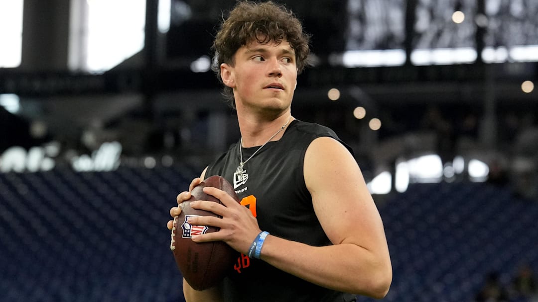Feb 28, 2026; Indianapolis, IN, USA; Penn State quarterback Drew Allar (QB02) during the NFL Scouting Combine at Lucas Oil Stadium. Mandatory Credit: Kirby Lee-Imagn Images