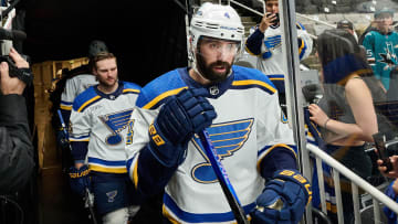 Apr 6, 2024; San Jose, California, USA; St. Louis Blues defenseman Nick Leddy (4) walks to the ice for warmups before the game between the San Jose Sharks and the St. Louis Blues at SAP Center at San Jose. Mandatory Credit: Robert Edwards-USA TODAY Sports