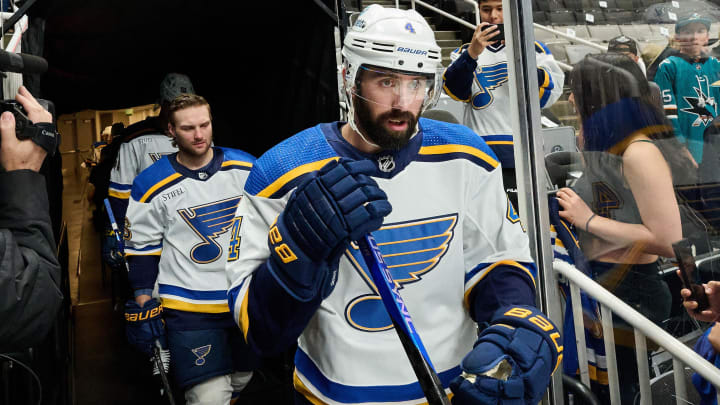 Apr 6, 2024; San Jose, California, USA; St. Louis Blues defenseman Nick Leddy (4) walks to the ice for warmups before the game between the San Jose Sharks and the St. Louis Blues at SAP Center at San Jose. Mandatory Credit: Robert Edwards-USA TODAY Sports