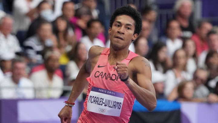 Aug 4, 2024; Paris, FRANCE; Christopher Morales-Williams (CAN) in the men's 400m round 1 heats during the Paris 2024 Olympic Summer Games at Stade de France. Mandatory Credit: Kirby Lee-USA TODAY Sports