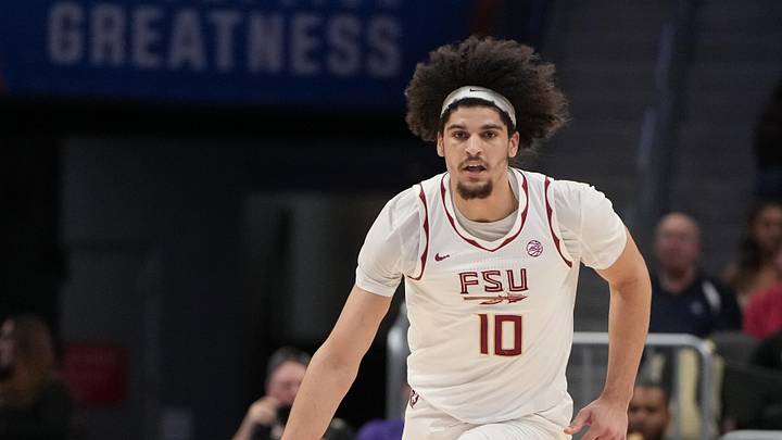 Mar 11, 2026; Charlotte, NC, USA; Florida State Seminoles guard Lajae Jones (10) with the ball in the second half at Spectrum Center. Mandatory Credit: Bob Donnan-Imagn Images