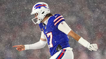 Buffalo Bills quarterback Josh Allen celebrates against the San Francisco 49ers