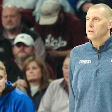 Jan 11, 2025; Starkville, Mississippi, USA; Kentucky Wildcats head coach Mark Pope looks on against the Mississippi State Bulldogs during the second half at Humphrey Coliseum. Mandatory Credit: Wesley Hale-Imagn Images