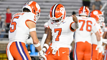 Clemson Tigers safety Ronan Hanafin and safety Khalil Barnes before a game against the Boston College Eagles at Alumni Stadium.