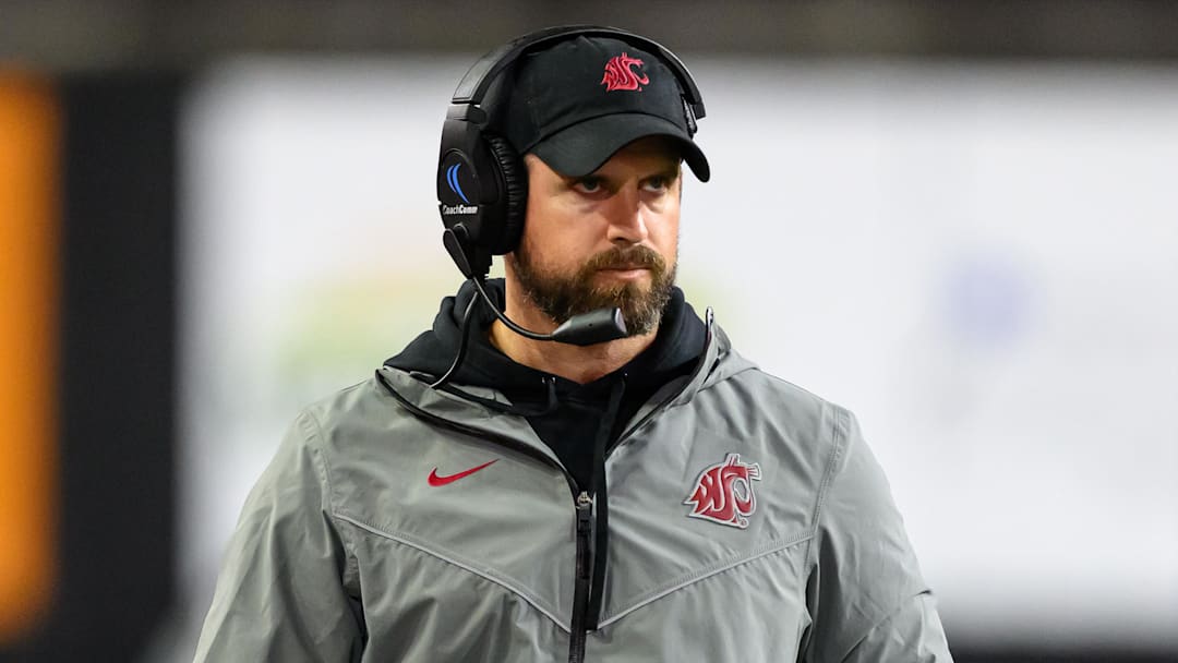 Nov 1, 2025; Corvallis, Oregon, USA; Washington State Cougars head coach Jimmy Rogers during a time out in the 4th quarter against the Oregon State Beavers at Reser Stadium. 