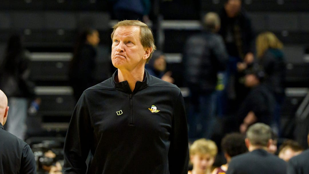 Oregon head coach Dana Altman looks toward the scoreboard as he walks off the court, as the Oregon Ducks host the Minnesota Golden Gophers on Feb. 17, 2026, at Matthew Knight Arena in Eugene, Oregon. Oregon head coach Dana Altman looks toward the scoreboard as he walks off the court, as the Oregon Ducks host the Minnesota Golden Gophers on Feb. 17, 2026, at Matthew Knight Arena in Eugene, Oregon.