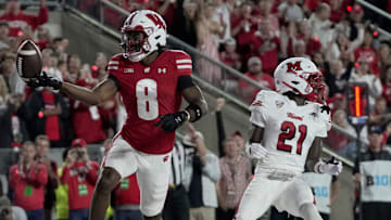 Wisconsin wide receiver Vinny Anthony II (8) scores a touchdown while being covered by Miami (Ohio) defensive back Toney Coleman Jr. (21) during the third quarter of their game Thursday, August 28, 2025 at Camp Randall Stadium in Madison, Wisconsin. Wisconsin beat Miami (Ohio) 17-0.