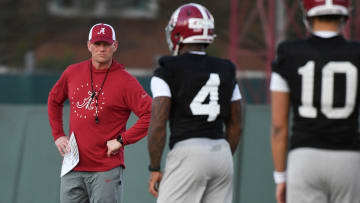 Mar 6, 2024; Tuscaloosa, Alabama, USA; Alabama head coach Kalen DeBoer watches his quarterbacks go through drills during practice of the Alabama Crimson Tide football team Wednesday.