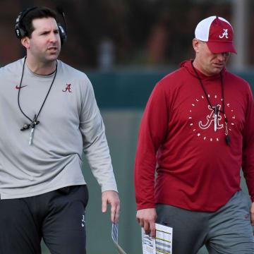 Mar 6, 2024; Tuscaloosa, Alabama, USA; Quarterbacks coach Nick Sheridan gestures as he gives instructions during practice of the Alabama Crimson Tide football team Wednesday.