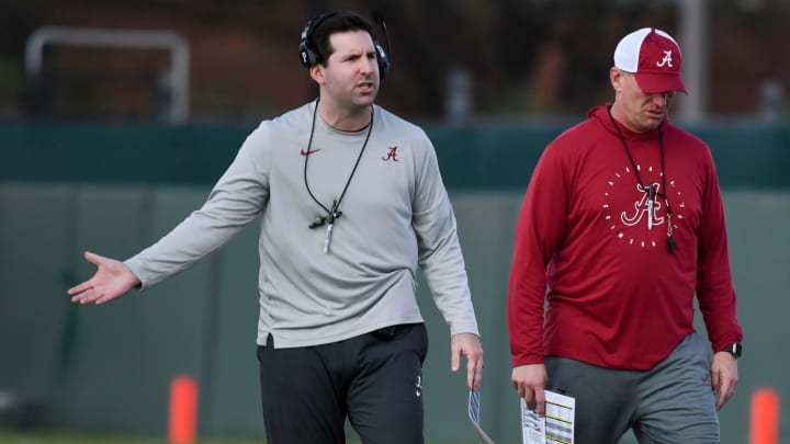 Mar 6, 2024; Tuscaloosa, Alabama, USA; Quarterbacks coach Nick Sheridan gestures as he gives instructions during practice of the Alabama Crimson Tide football team Wednesday.