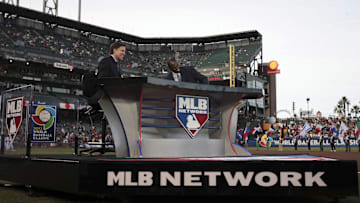 Mar 17, 2013; San Francisco, CA, USA; MLB Network sportscasters Bob Costas (left) and Harold Reynolds (right) before the game between Japan and Puerto Rico during the World Baseball Classic semifinal at AT&T Park.