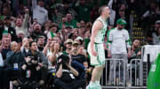 May 9, 2024; Boston, Massachusetts, USA; Boston Celtics guard Payton Pritchard (11) reacts after his
