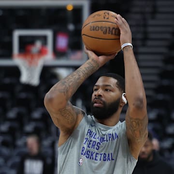 Feb 1, 2024; Salt Lake City, Utah, USA; Philadelphia 76ers forward Marcus Morris Sr. (5) warms up before the game against the Utah Jazz at Delta Center. Mandatory Credit: Rob Gray-Imagn Images