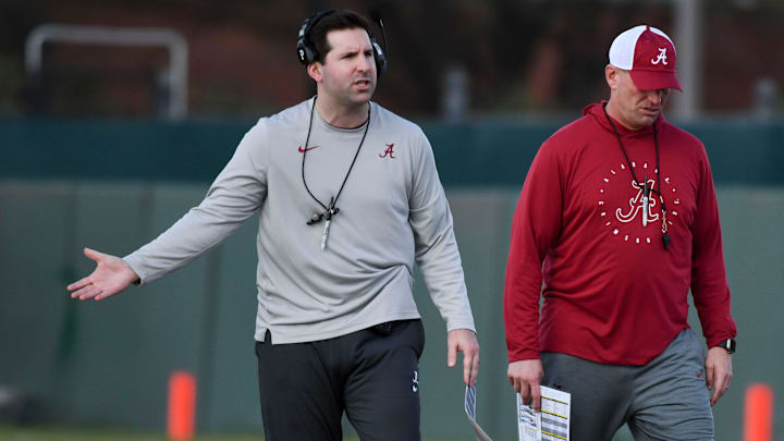 Mar 6, 2024; Tuscaloosa, Alabama, USA; Quarterbacks coach Nick Sheridan gestures as he gives instructions during practice of the Alabama Crimson Tide football team Wednesday.