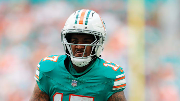 Dec 21, 2025; Miami Gardens, Florida, USA; Miami Dolphins wide receiver Jaylen Waddle (17) reacts during the second quarter against the Cincinnati Bengals at Hard Rock Stadium. 